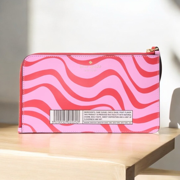 Kate Spade Sticky Situation Red & Pink Smooth Leather Bubble Gum L-Zip Wristlet - Picture 7 of 11